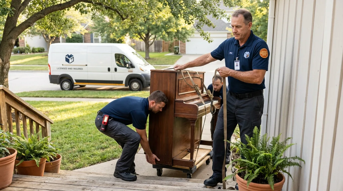 Licensed piano movers securing grand piano in Oak Park, CA