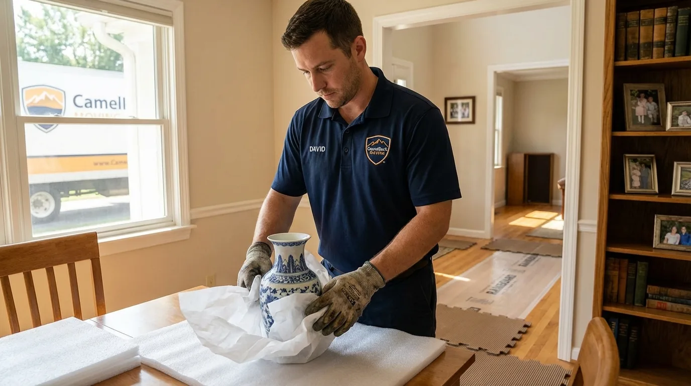 Professional crew carefully wrapping antique vase for senior downsizing move in Oak Park, CA